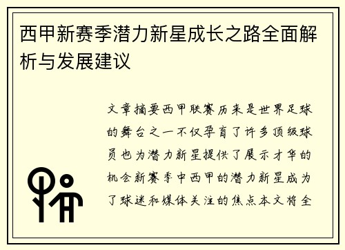 西甲新赛季潜力新星成长之路全面解析与发展建议