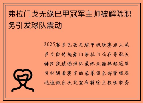 弗拉门戈无缘巴甲冠军主帅被解除职务引发球队震动 弗拉门戈无缘巴甲冠军主帅被解除职务引发球队震动